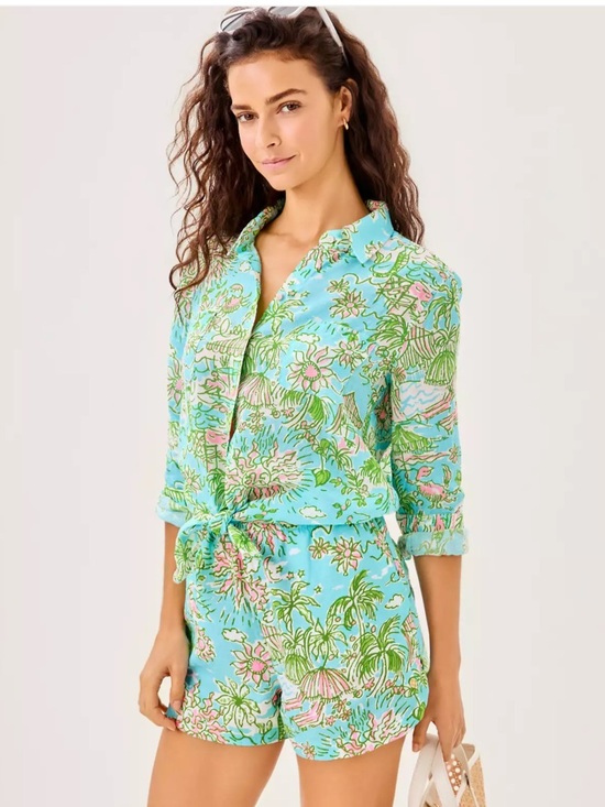 Lilly Pulitzer Tops - Lilly Pulitzer Sea View Linen Button Down & Elodey Shorts Set Sunbathers Bliss M